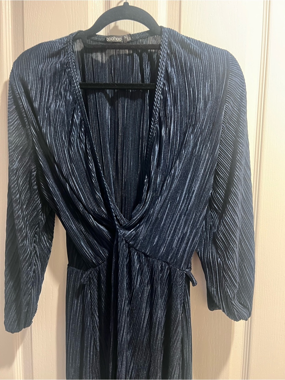 boohoo Navy Solid V-Neck Pleated Wrap Tie Waist Long Sleeve Midi Dress 14
